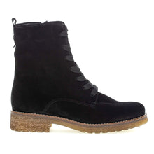 Load image into Gallery viewer, Black With Tan Sole Gabor Women&#39;s 92705 Suede Combat Boot Side View
