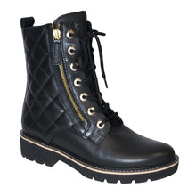 Load image into Gallery viewer, Black Gabor Women&#39;s 92735 Quilted Leather And Leather Combat Boot Profile View
