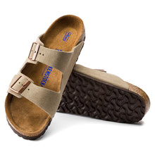 Load image into Gallery viewer, Taupe Beige With Black Sole Birkenstock Men&#39;s Arizona Soft Suede Double Strap Sandal Top Sole View
