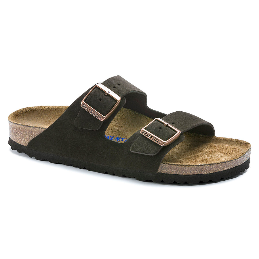 Mocha Brown With Black Sole Birkenstock Men's Arizona Soft Suede Double Strap Sandal Narrow Width Profile View