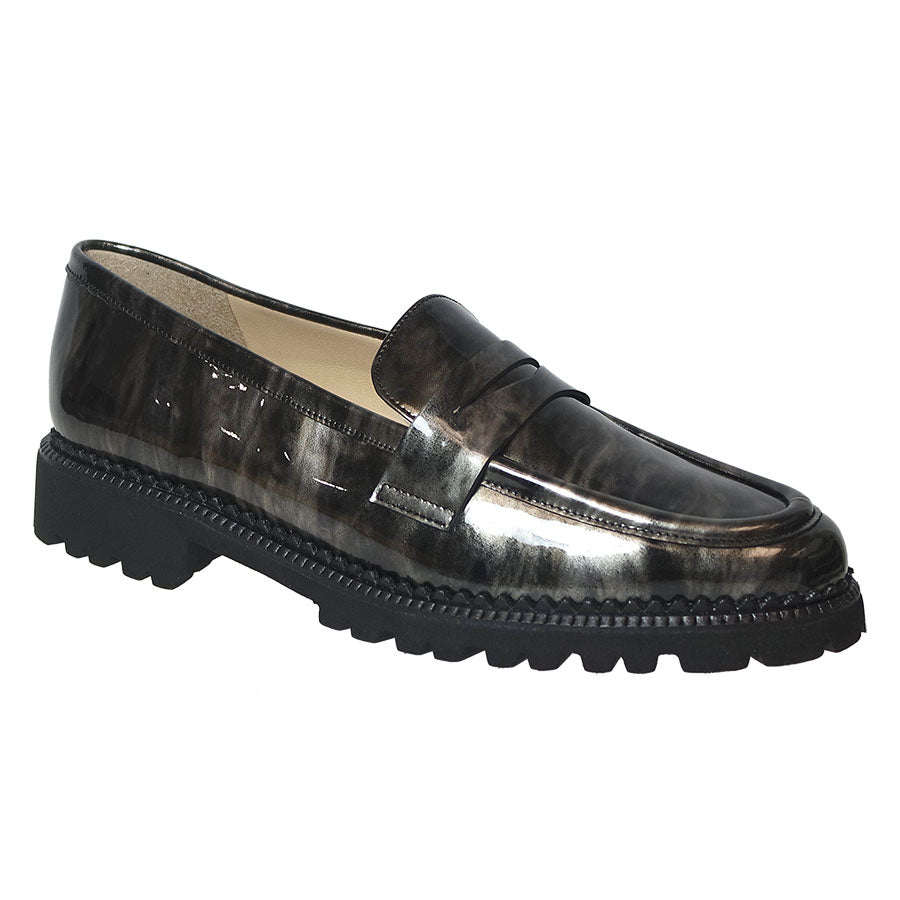 Burnt Aloe Grey And Black Brunate Women's Adele Marble Print Patent Casual Penny Loafer