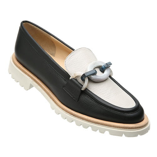 Nero Black And White With Tan Brunate Women's Alaia Leather Dress Casual Loafer With Multi Color Links Profile View