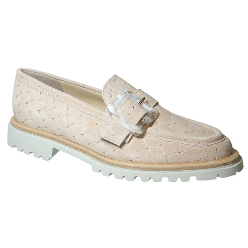 Beige With Off White Sole Brunate Women's Aleah Knit And Weaved Leather Casual Loafer With Marble Color Buckle