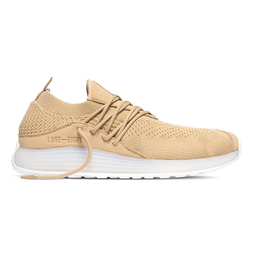 Cashew Beige With White Sole Lane Eight Men's Ad1 Trainer Recycled Knit Athletic Sneaker Vegan Side View