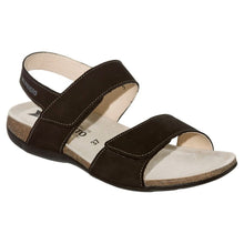 Load image into Gallery viewer, Black Mephisto Women&#39;s Agave Nubuck Triple Strap Velcro Sandal Profile View
