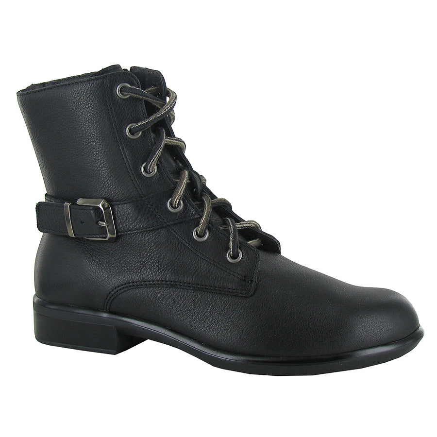 Black Naot Women's Alize Leather Combat Boot With Faux Side Buckle