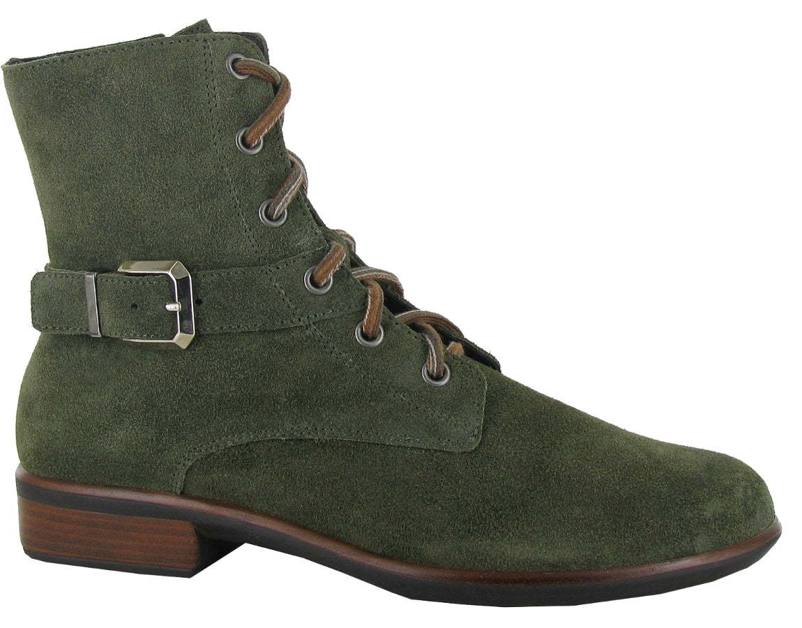 Olive Green With Tan And Black Sole Naot Women's Alize Suede Combat Boot With Faux Side Buckle