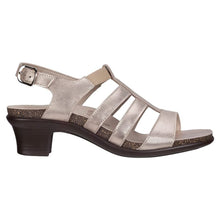 Load image into Gallery viewer, Lusso Beige With Black Sole SAS Women&#39;s Allegro Metallic Leather T Strap Heeled Sandal Side View
