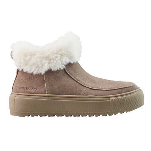 Almond Light Brown Cougar Women's Waterproof Suede With White Fluffy Collar Slip On Winter Ankle Bootie