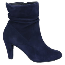 Load image into Gallery viewer, Navy Eric Michael Women&#39;s Andes Suede Side Zipper Hi Heel Ankle Bootie Side View
