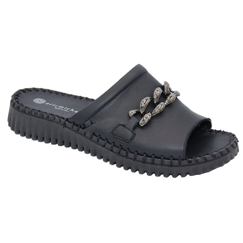 Black Eric Michael Women's Anita Leather Slide Sandal With Link Ornament