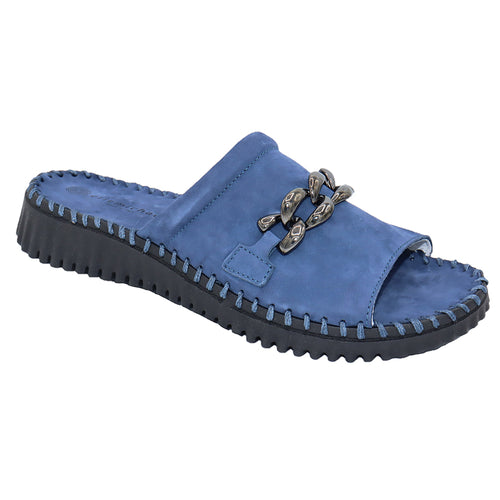 Denim Blue With Black Sole Eric Michael Women's Anita Nubuck Slide Sandal With Link Ornament
