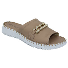 Load image into Gallery viewer, Taupe With White Sole Eric Michael Women&#39;s Anita Leather Slide Sandal With Link Ornament Profile View
