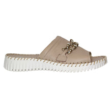 Load image into Gallery viewer, Taupe With White Sole Eric Michael Women&#39;s Anita Leather Slide Sandal With Link Ornament Side View
