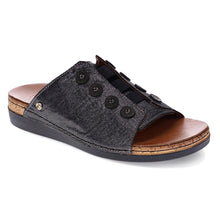 Load image into Gallery viewer, Black Revere Women&#39;s Antalya Metallic Leather Slide Sandal With Button Trim Profile View
