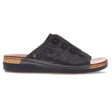 Load image into Gallery viewer, Black Revere Women&#39;s Antalya Metallic Leather Slide Sandal With Button Trim Side View
