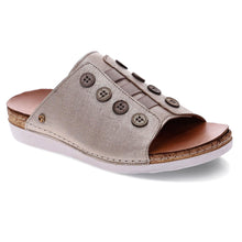 Load image into Gallery viewer, Gold With White Sole Revere Women&#39;s Antalya Metallic Leather Slide Sandal With Button Trim Profile View
