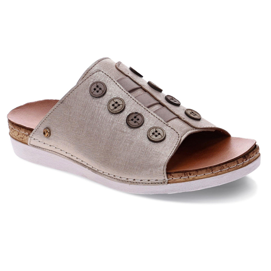 Gold With White Sole Revere Women's Antalya Metallic Leather Slide Sandal With Button Trim Profile View