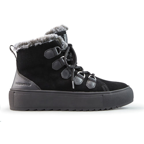 Black With Grey Furry Collar And Tongue Cougar Women's Avril Waterproof Suede And Leather Lace Up And Zippered Winter Bootie