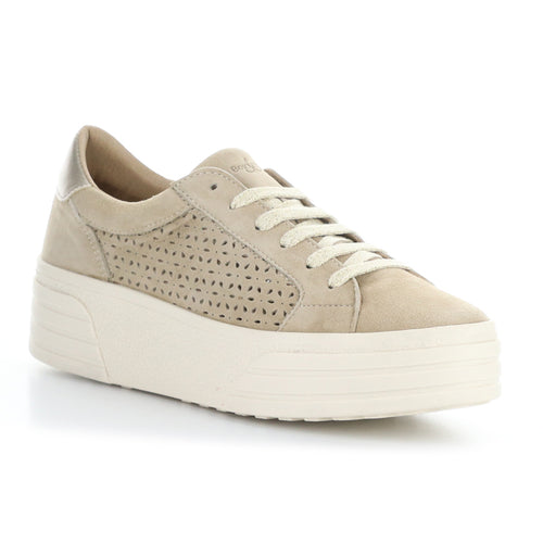 Derma Sabbia Dark Beige With Off White Sole Bos and Co Women's Lotta Suede Casual Sneaker With Floral Cut Outs Profile View 