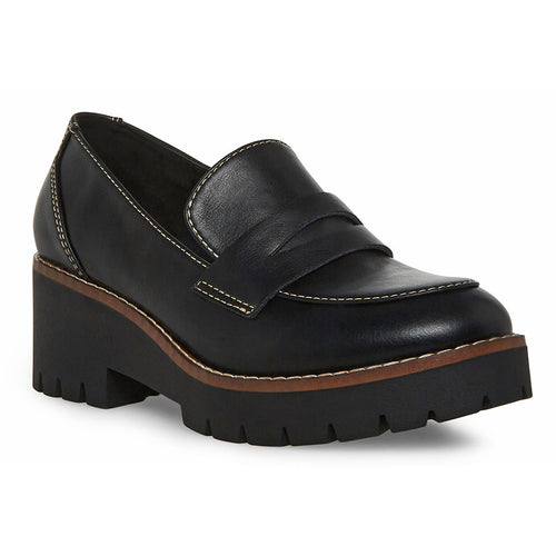 Black Blondo Women's Dulce Waterproof Leather And Suede Platform Penny Loafer Profile View