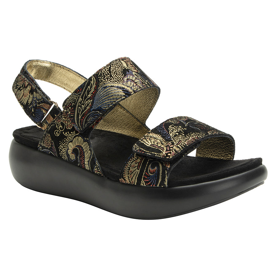Black With Gold Alegria Women's Bailee Golden Hour Printed Leather Three Strap Sandal Profile View