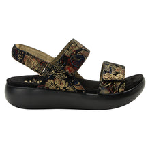 Load image into Gallery viewer, Black With Gold Alegria Women&#39;s Bailee Golden Hour Printed Leather Three Strap Sandal Side View
