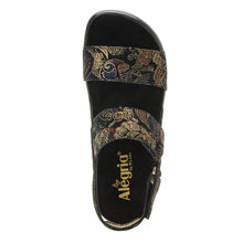 Load image into Gallery viewer, Black With Gold Alegria Women&#39;s Bailee Golden Hour Printed Leather Three Strap Sandal Top View
