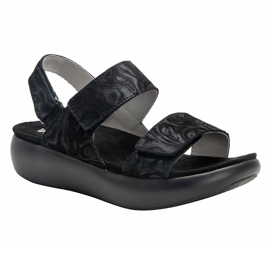 Black Alegria Leather And Topography Textured Leather Triple Strap Platform Sandal Profile View