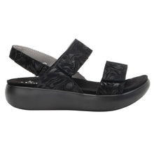 Load image into Gallery viewer, Black Alegria Leather And Topography Textured Leather Triple Strap Platform Sandal Side View

