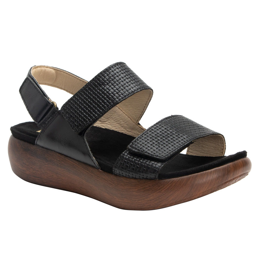 Black With Brown Sole Alegria Leather And textured Leather Triple Strap Platform Sandal Profile View