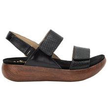 Load image into Gallery viewer, Black With Brown Sole Alegria Leather And textured Leather Triple Strap Platform Sandal Side View
