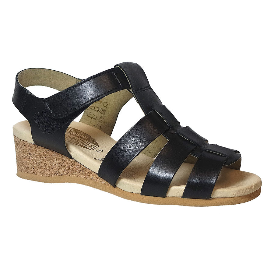 Black With Tan Sole Worishofer Women's Beverly Leather T Strap Wedge Sandal