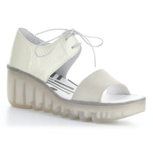 Load image into Gallery viewer, Silver and Off White With Transparent Sole Fly London Women&#39;s Bilu465fly Leather And patent Lace Up Wedge Sandal Profile View
