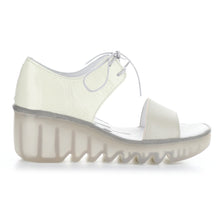 Load image into Gallery viewer, Silver and Off White With Transparent Sole Fly London Women&#39;s Bilu465fly Leather And patent Lace Up Wedge Sandal Side View
