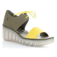 Load image into Gallery viewer, Yellow and Khaki Brown With Transparent Sole Fly London Women&#39;s Bilu465fly Leather And Suede Lace Up Wedge Sandal Profile View
