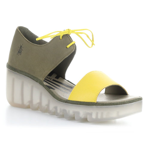 Yellow and Khaki Brown With Transparent Sole Fly London Women's Bilu465fly Leather And Suede Lace Up Wedge Sandal Profile View