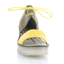 Load image into Gallery viewer, Yellow and Khaki Brown With Transparent Sole Fly London Women&#39;s Bilu465fly Leather And Suede Lace Up Wedge Sandal Front View
