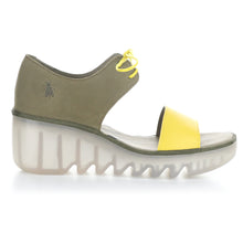 Load image into Gallery viewer, Yellow and Khaki Brown With Transparent Sole Fly London Women&#39;s Bilu465fly Leather And Suede Lace Up Wedge Sandal Side View
