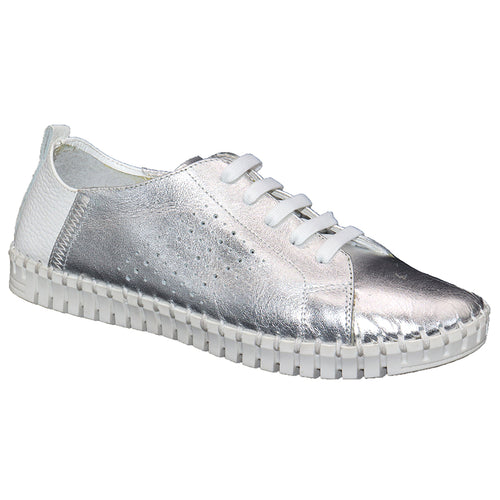 Silver With White Eric Michael Women's Brandie Metallic Leather Casual Sneaker