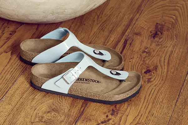 Birkenstock Women's Gizeh Thong Surf Green Lifestyle Duo On Hardwood Floor Harry's Shoes Upper West Side NYC