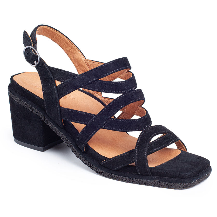 Black Yes Women's Callie Suede Strappy Heeled Sandal Profile View