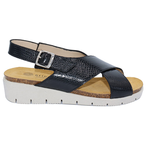 Black With White Sole Eric Michael Women's Cancun Snake Print Leather Cross Strap Ankle Strap Buckle Wedge Sandal
