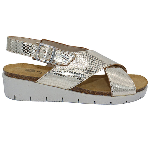 Metallic With Grey Sole Eric Michael Women's Cancun Snake Print Leather Cross Strap Ankle Strap Buckle Wedge Sandal