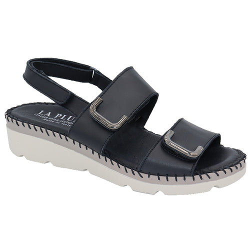 Black With White And Grey Sole Eric Michael Women's Chrisa Leather Triple Strap Sandal
