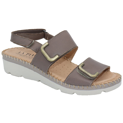 Taupe Brown With White And Grey Sole Eric Michael Women's Chrisa Leather Triple Strap Sandal
