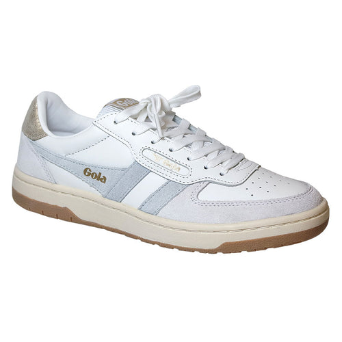 White With Gold and Light Blue And Beige Gola Women's Hawk Leather And Suede And Mesh Court Athletic Sneaker