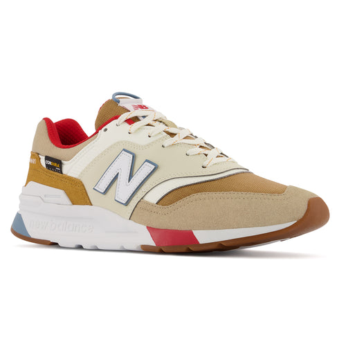 Brown And Beige And Tan And White And Red New Balance Men's Cm997HTI Suede And Mesh Sneaker