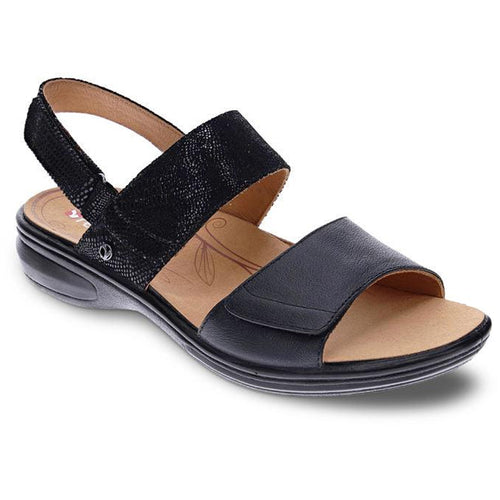 Black Revere Women's Como Leather And Snake Print Leather Triple Strap Sandal Profile View