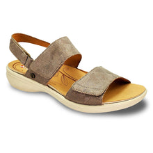 Load image into Gallery viewer, Champagne Brown With Beige Sole Revere Women&#39;s Como Snake Print Leather Triple Strap Sandal Profile View
